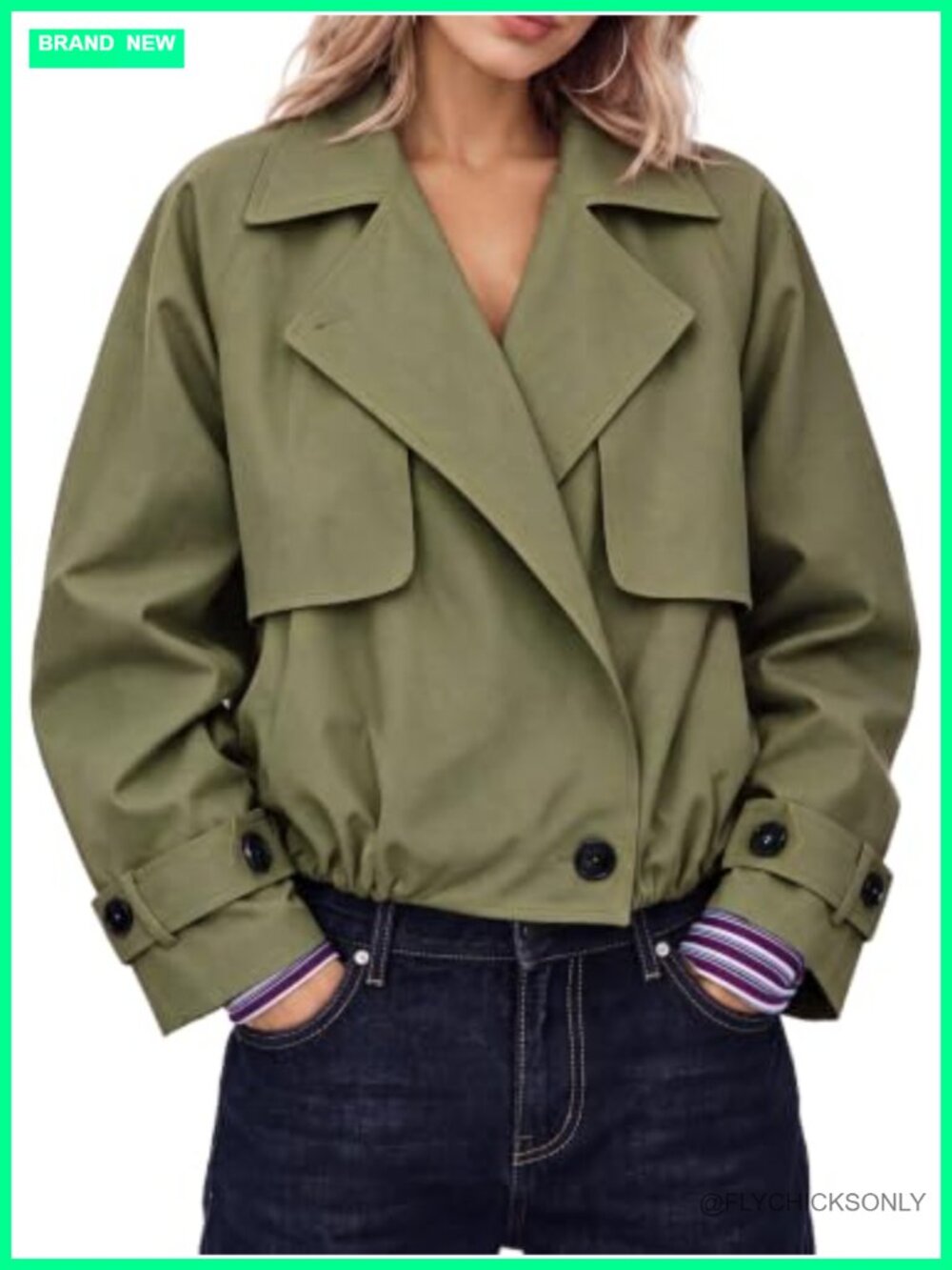 Womens Cropped Trench Coat Long Sleeve Lapel Casual Jacket Lightweight Woven